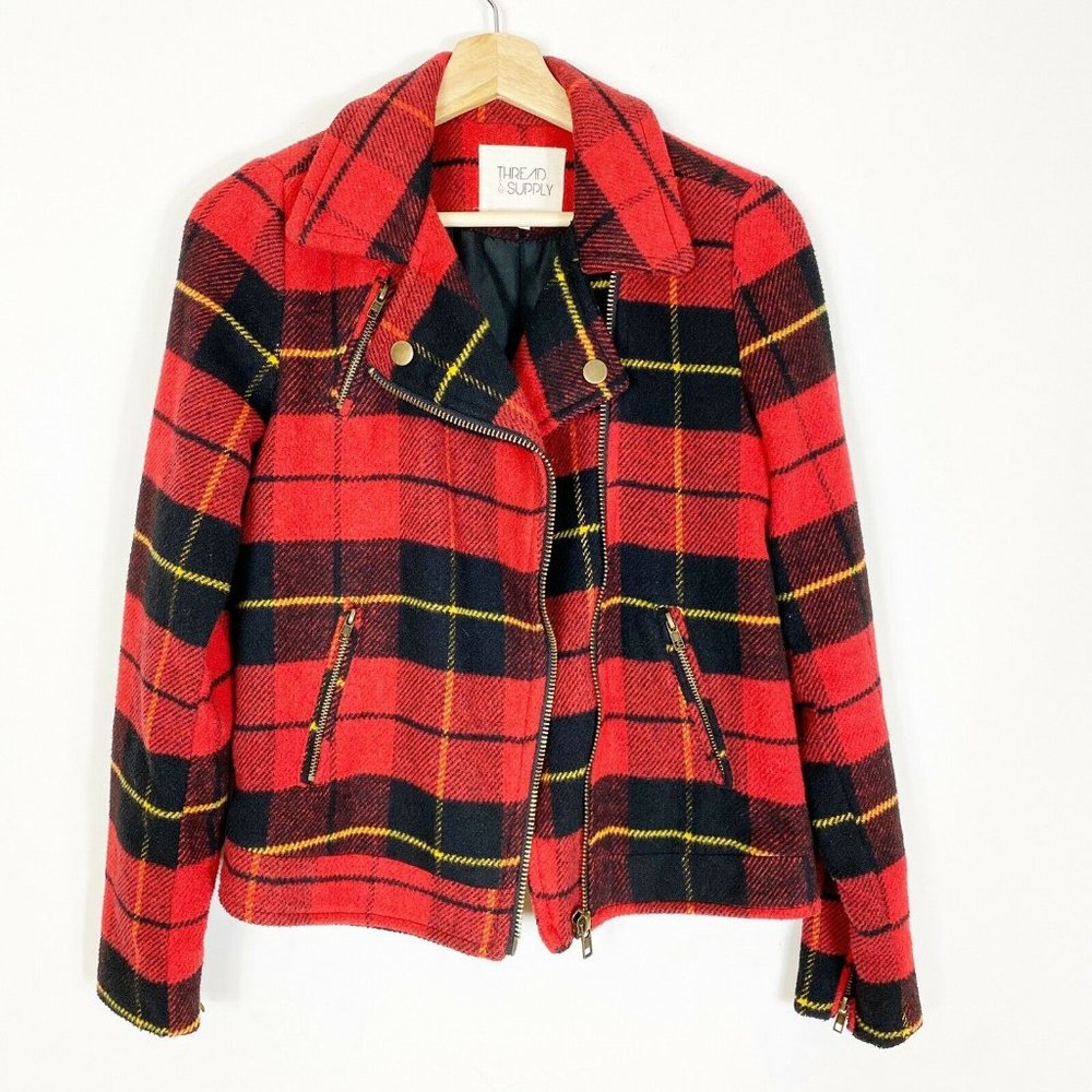 Thread & Supply Tartan Moto style zip jacket women’s Red black size Small